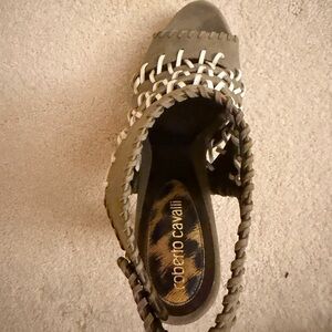 Roberto Cavalli Olive and White Braided Sandals